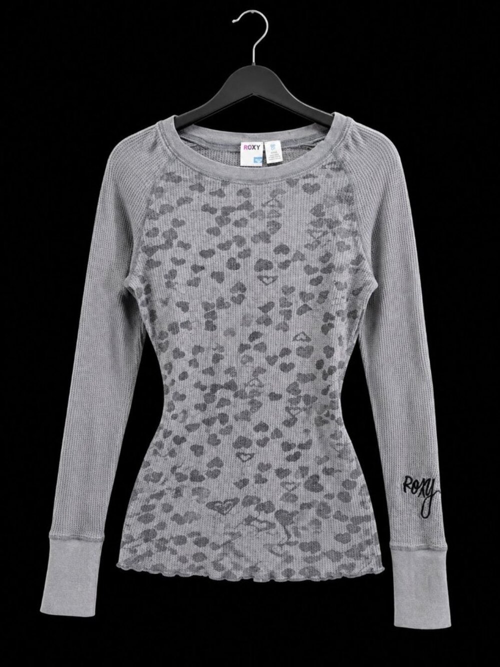 Y2K VTG Roxy Womens Grey Graphic Striped Thermal Top M Scene Emo Grunge Mcbling